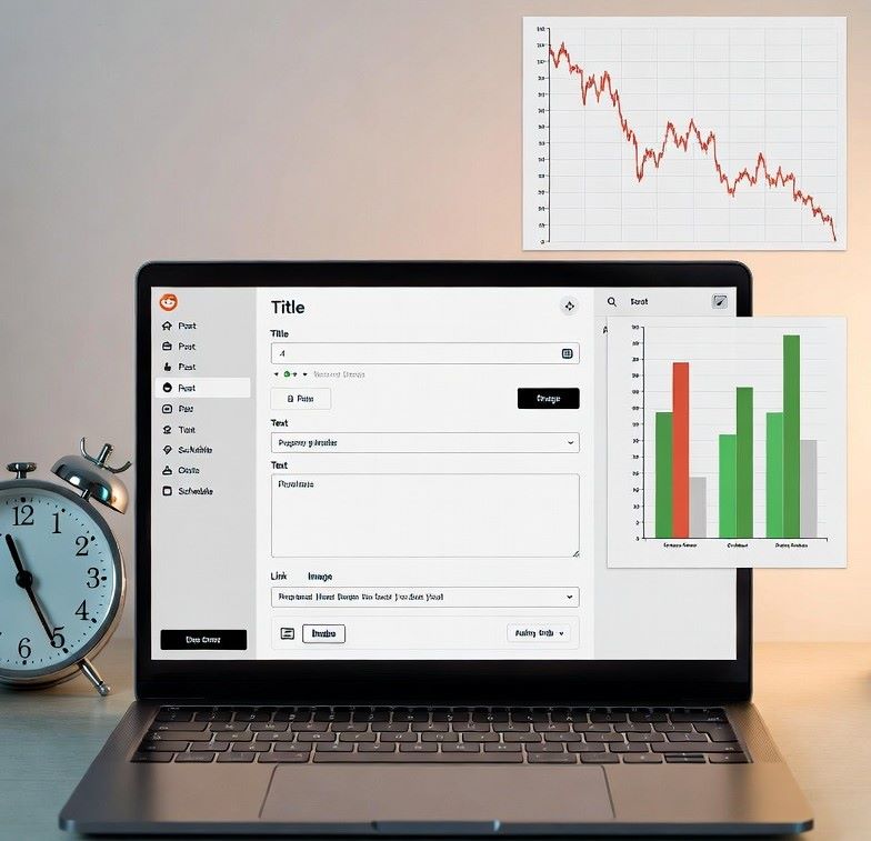 A creative workspace scene with a laptop displaying a Reddit post draft alongside a clock and analytics charts.